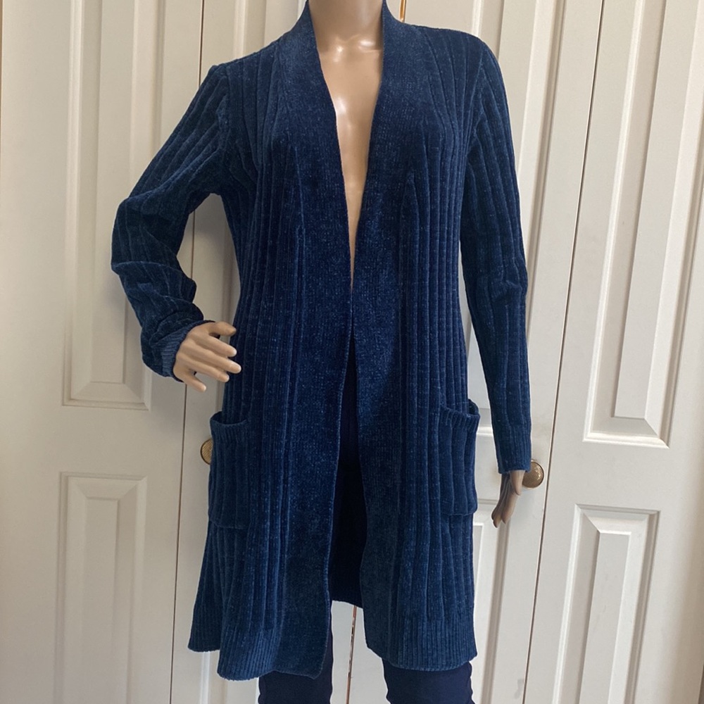 Marty M Womens M Blue Long Soft Open Cardigan. Ribbed with pockets. So comfy!